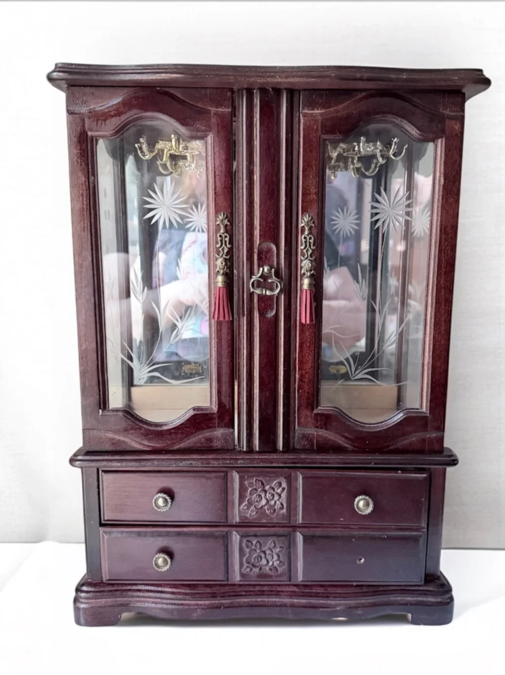 Wooden Mirrored Jewelry Cabinet in Deep Mahogany jewelry